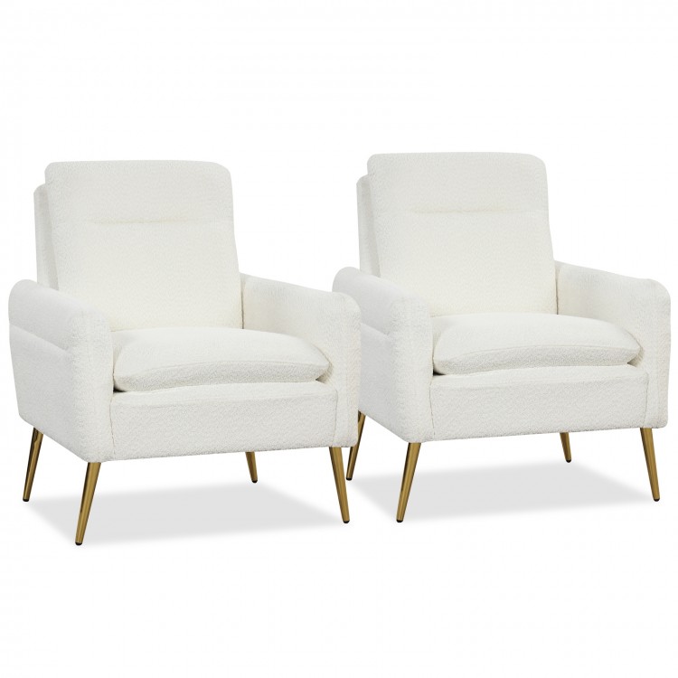 White sherpa fleece accent armchairs with gold metal legs, perfect for living room relaxation and comfort.