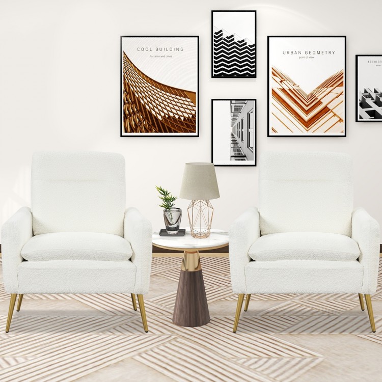 White sherpa fleece accent armchairs with gold metal legs, perfect for living room relaxation and stylish decor.