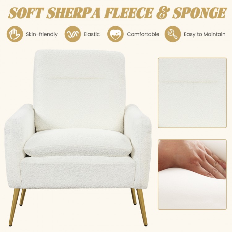 Modern white sherpa accent armchair with gold metal legs, ideal for living room comfort and support.