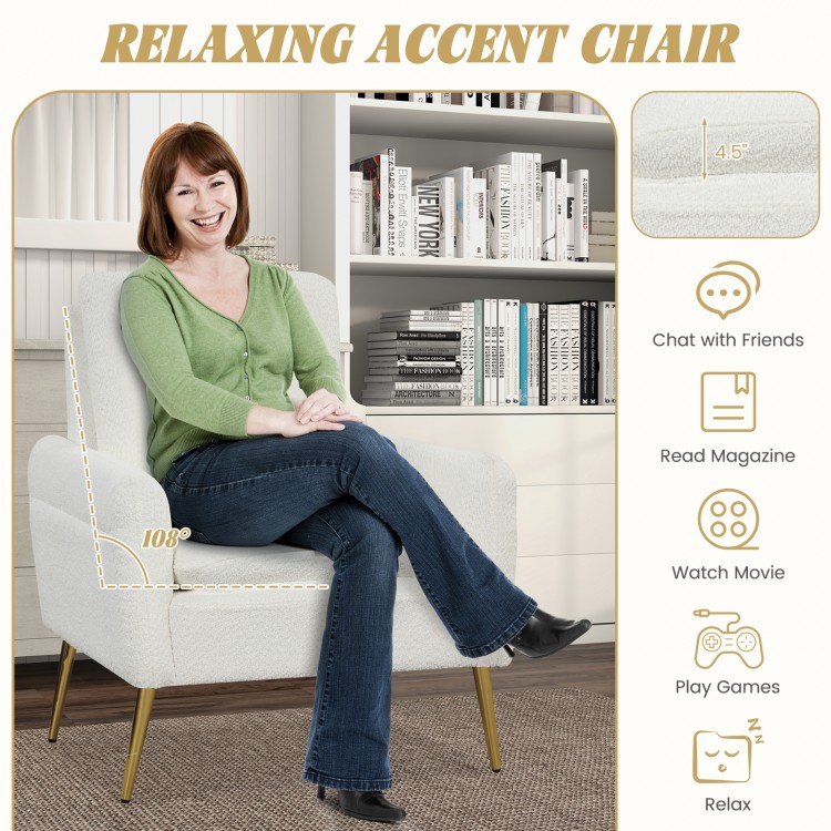 Upholstered sherpa accent chair in white with gold metal legs, perfect for relaxing, reading, or watching movies.