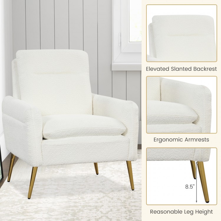 White sherpa modern accent armchair with gold metal legs, featuring a slanted backrest and ergonomic armrests for.