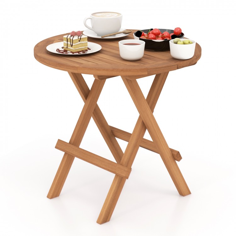 Round patio folding coffee table made of teak wood, featuring a slatted tabletop, ideal for picnics and outdoor use.