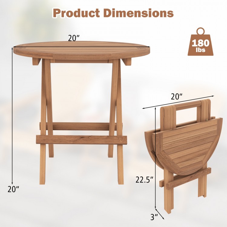 Round folding coffee table made of teak wood, featuring slatted tabletop and compact design for easy storage and.