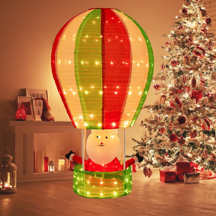 Santa Claus in a colorful hot air balloon with warm lights, perfect for festive yard and porch decorations.