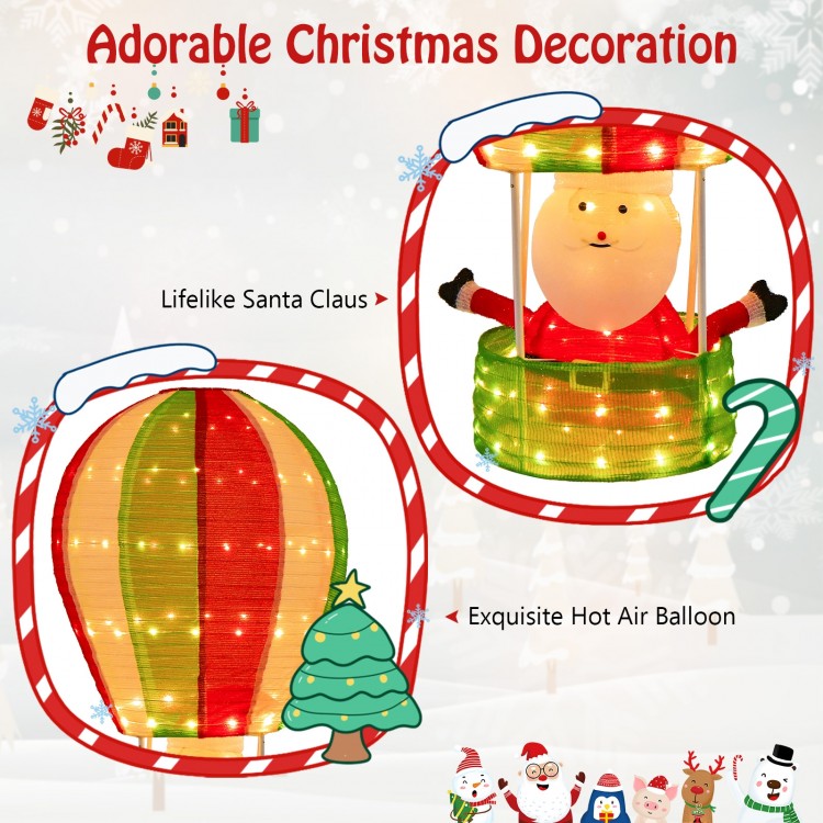 Lifelike Santa Claus on a bright hot air balloon, perfect for festive outdoor Christmas decorations and celebrations.