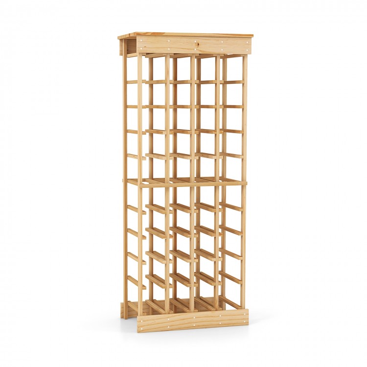 Modular wine rack made of durable pine wood, holding up to 40 bottles with 10 tiers, ideal for kitchens and cellars.
