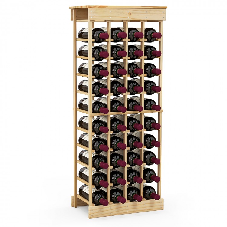40-bottle modular wine rack made of durable pine wood, featuring 10 tiers and a compact top for versatile storage.