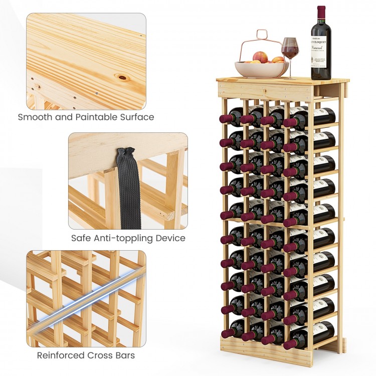 40-bottle modular wine rack in pine wood with 10 tiers, anti-toppling device, ideal for kitchen or cellar storage.