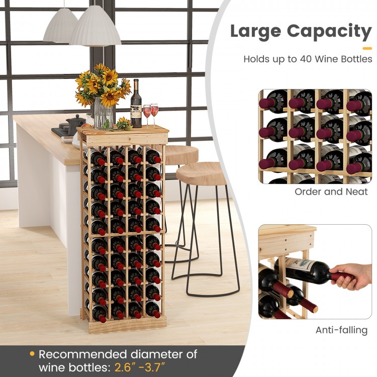 Modular wine rack made of durable pine wood, holding up to 40 bottles, ideal for kitchen or cellar storage.