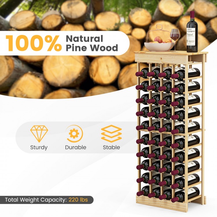 40-bottle modular wine rack made of durable pine wood, featuring 10 tiers and a weight capacity of 220 lbs for stable.