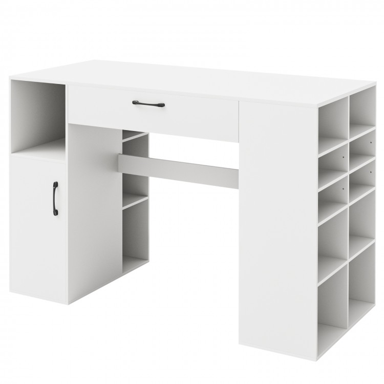 Counter height sewing craft table in white with adjustable shelves, drawer, and ample storage for tools and accessories.
