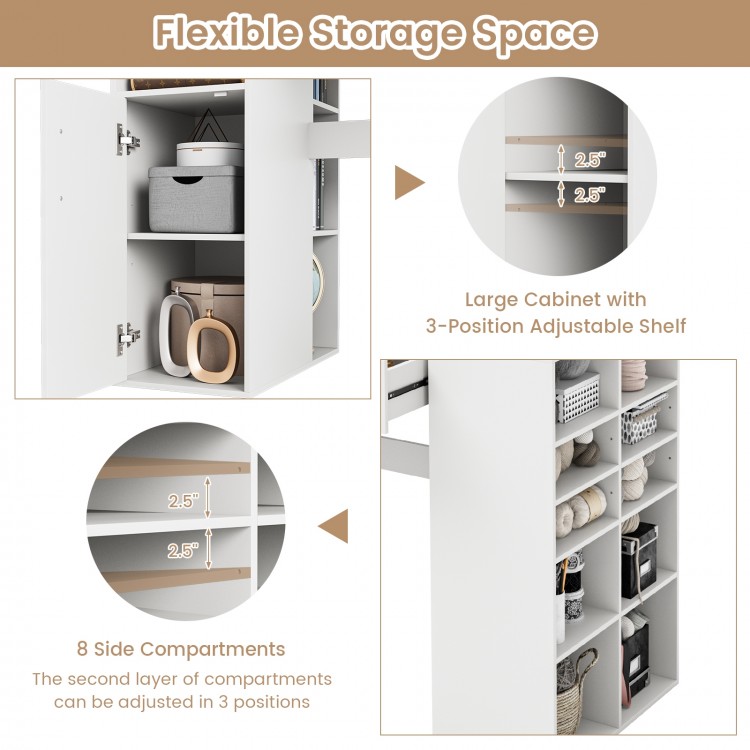 Adjustable shelf and compartments of the white counter height sewing craft table for versatile storage solutions.