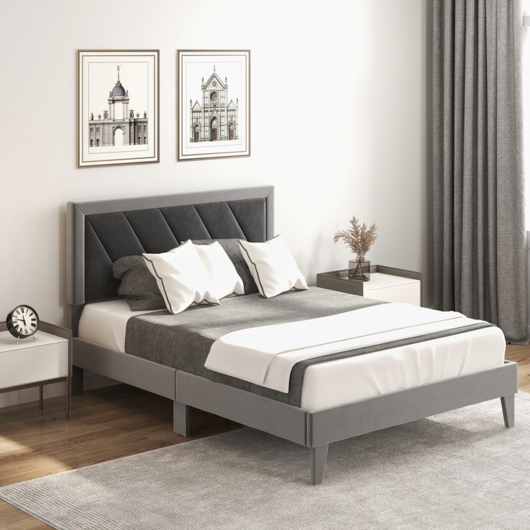 Full-size platform bed with high velvet headboard, wooden slats, and cozy design for comfortable sleeping.