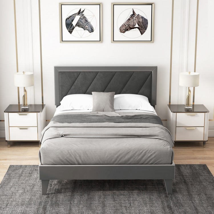 Full size platform bed with high velvet headboard, wooden slats, and stylish design for comfortable sleeping.