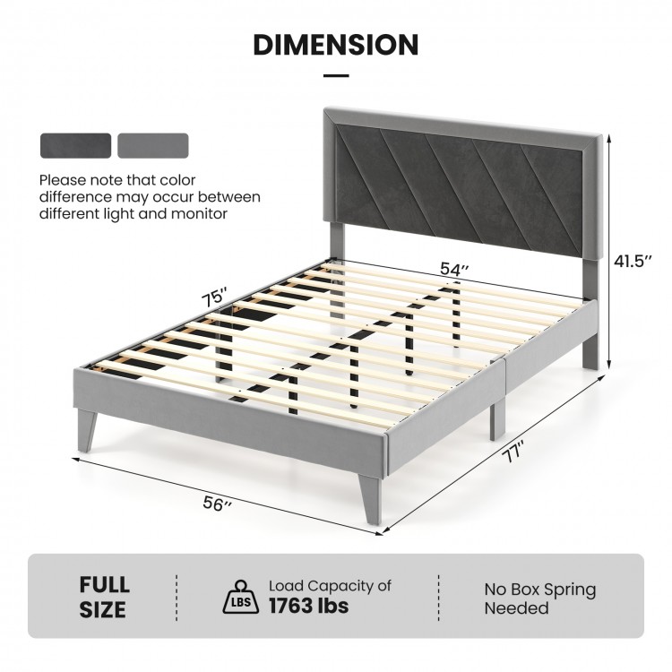 Full size platform bed with high headboard, wooden slats, and velvet upholstery for comfort and stability.