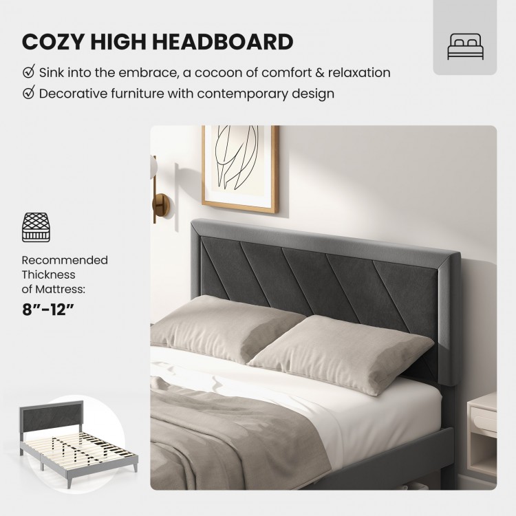 Cozy high headboard platform bed in velvet with wooden slats, designed for stability and comfort, ideal for restful.