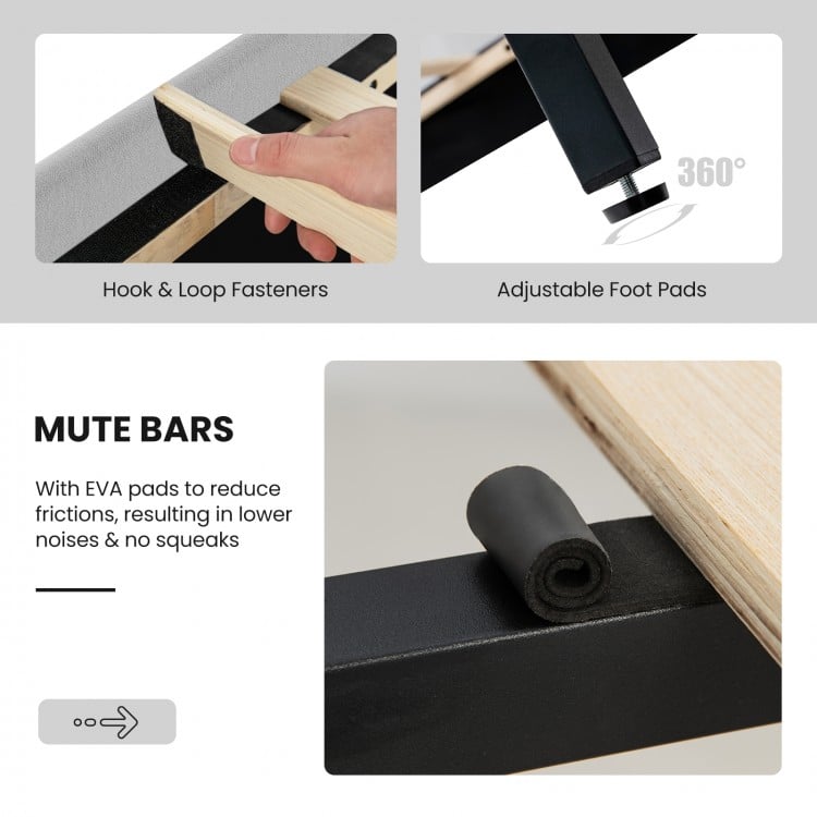 Close-up of the platform bed's mute bars with EVA pads for noise reduction and adjustable foot pads for stability.