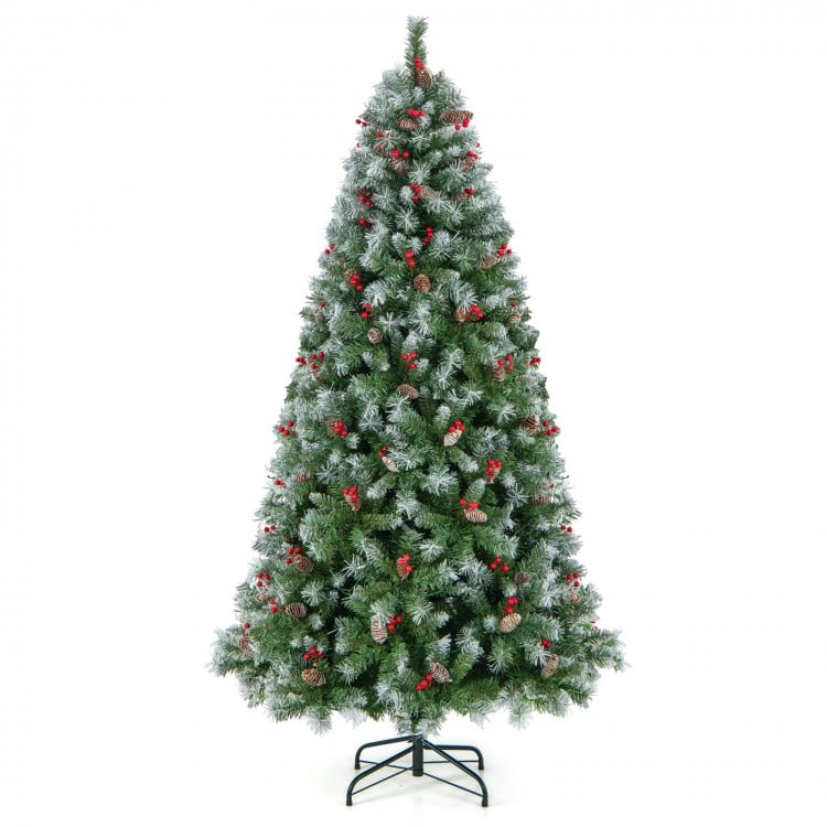 Hinged 7.5 ft Christmas tree with snowy PVC branch tips, red berries, and warm white LED lights for festive decor.