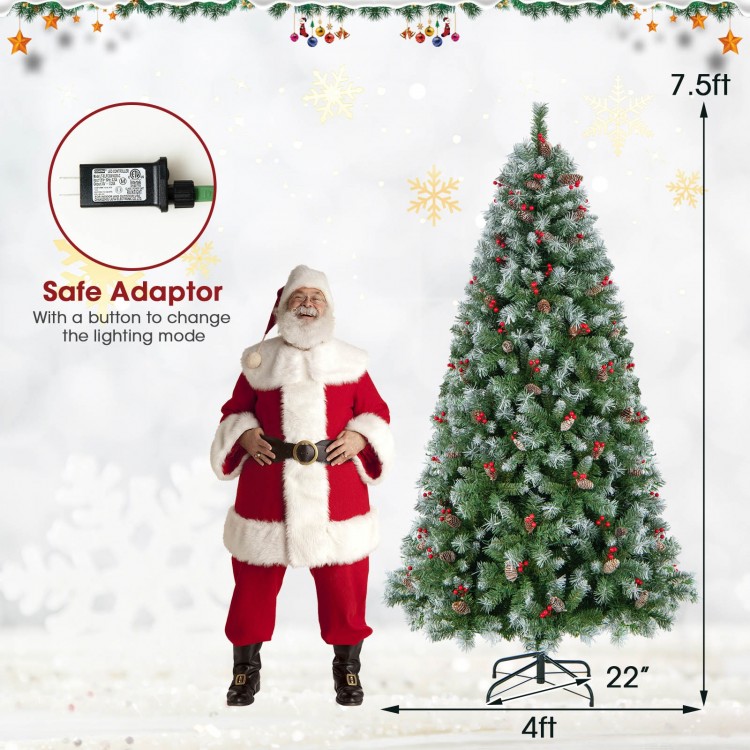 Hinged 7.5 ft Christmas tree with PVC branch tips, warm white LED lights, and red berries for festive decoration.