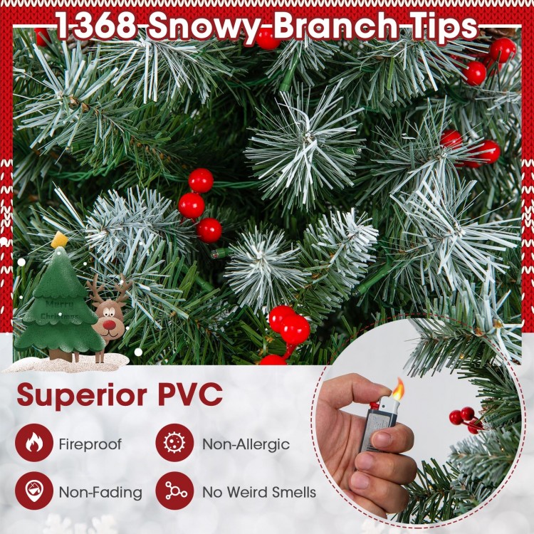 Close-up of snowy branch tips on a 7.5 ft hinged Christmas tree with fireproof PVC, featuring red berries and LED.