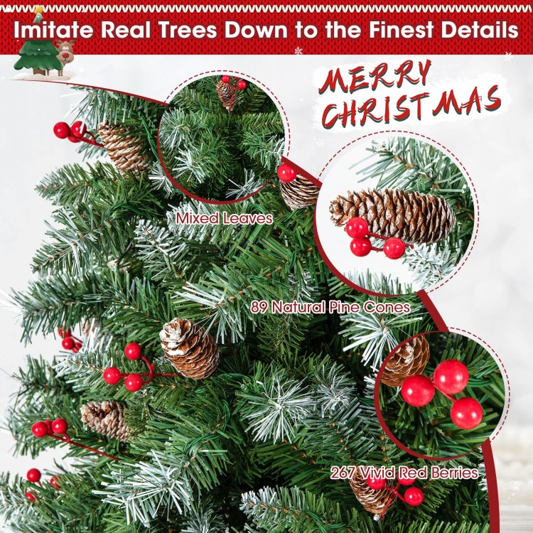 Hinged Christmas tree featuring PVC branch tips, 89 natural pine cones, and 267 vivid red berries for festive decor.
