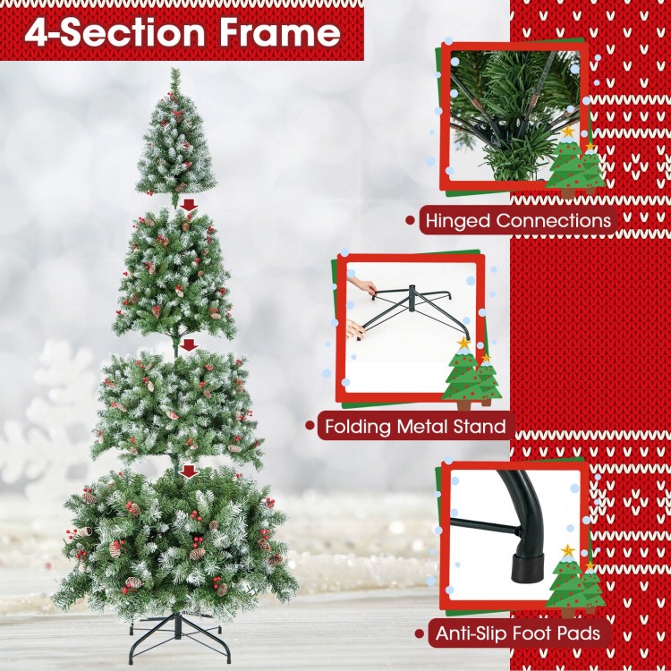 Hinged Christmas tree with snowy PVC branch tips, warm white LED lights, and a folding metal stand for easy assembly.