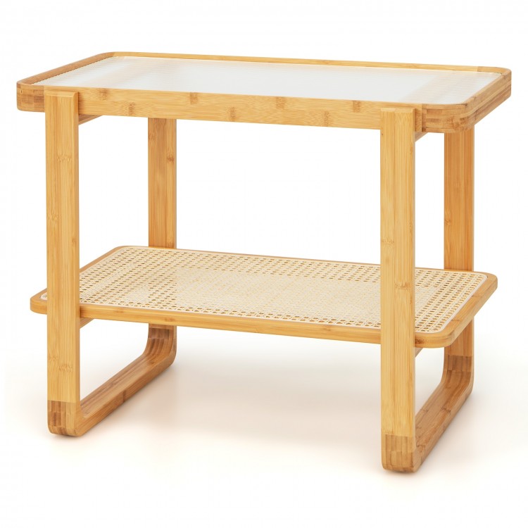 2-tier bamboo side table with glass top and rattan shelf, perfect for living room or bedroom organization.