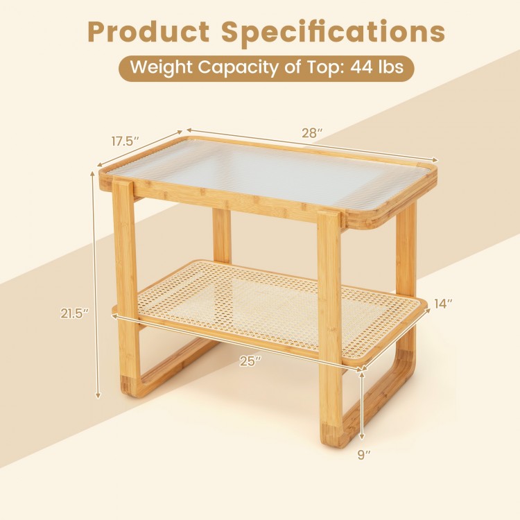 2-tier bamboo side table with glass top, featuring a spacious tabletop and rattan shelf, ideal for living room use.