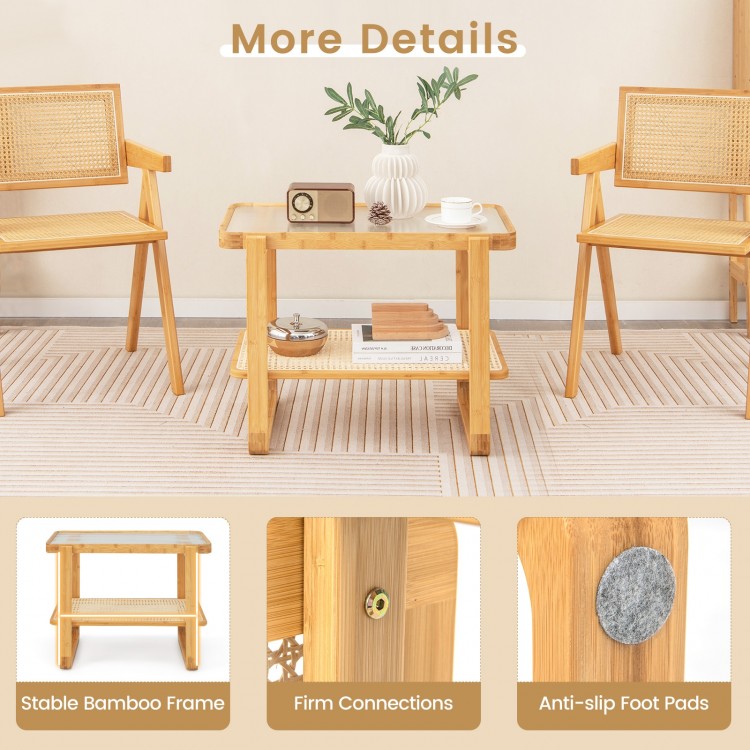 Bamboo side table with glass top and rattan shelf, featuring a stable structure and non-slip foot pads for versatile.