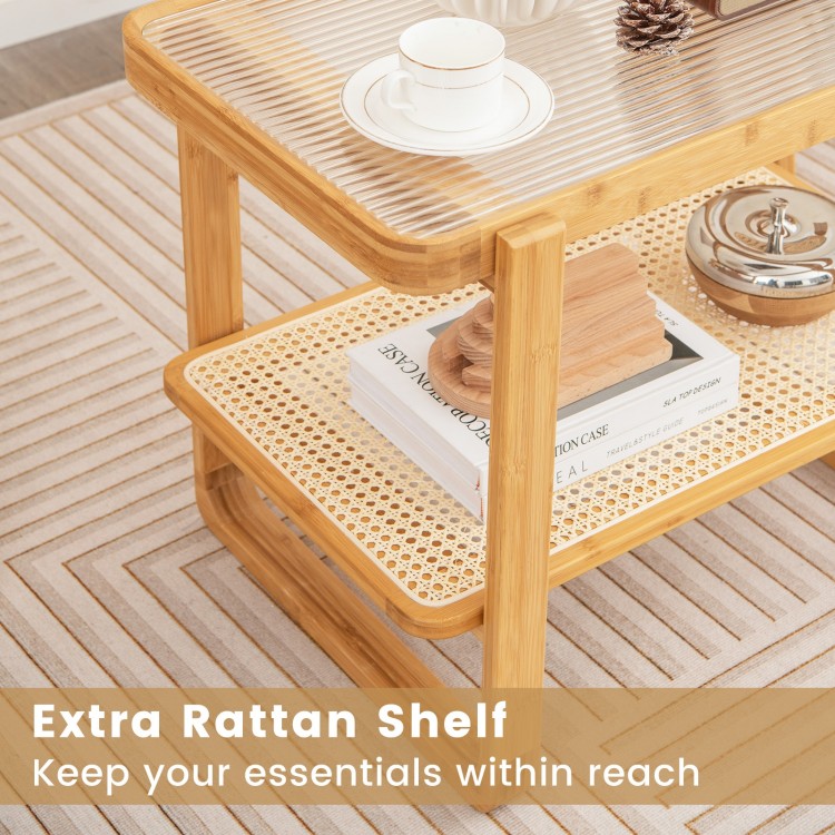 2-tier bamboo side table with glass top and extra rattan shelf, perfect for keeping essentials within reach.