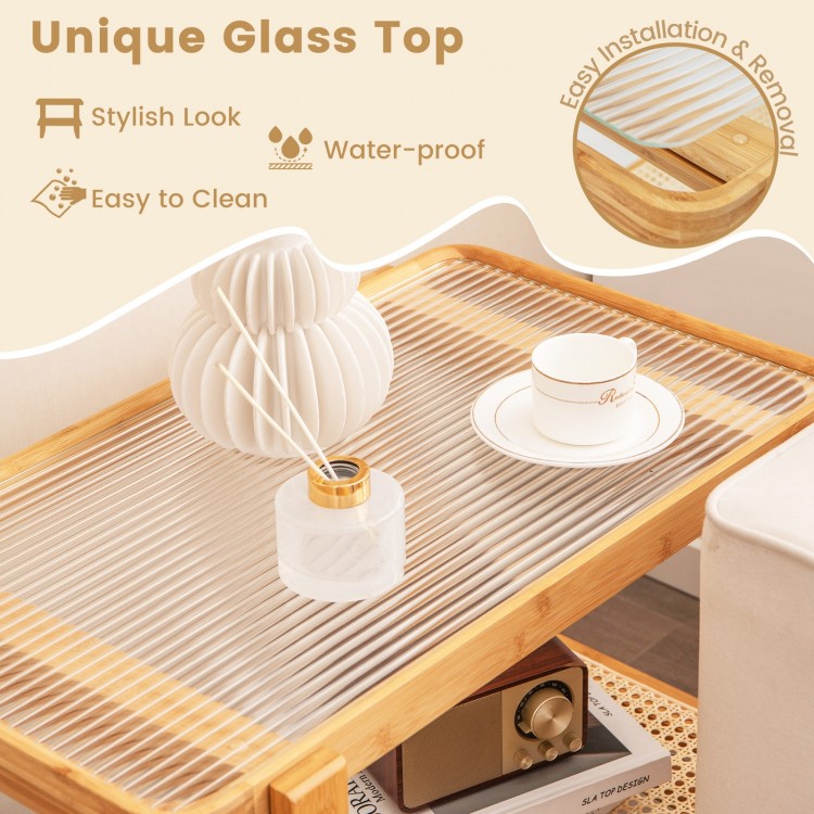 2-tier bamboo side table with a unique glass top, waterproof surface, and spacious tabletop for versatile use.