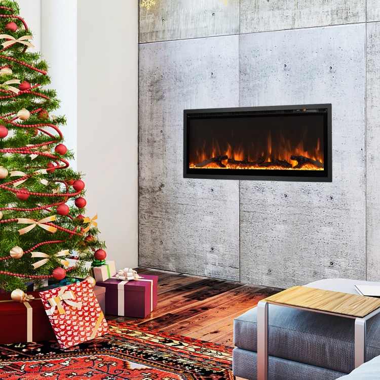 Electric fireplace in-wall recessed design with adjustable flame colors and brightness, perfect for cozy holiday.