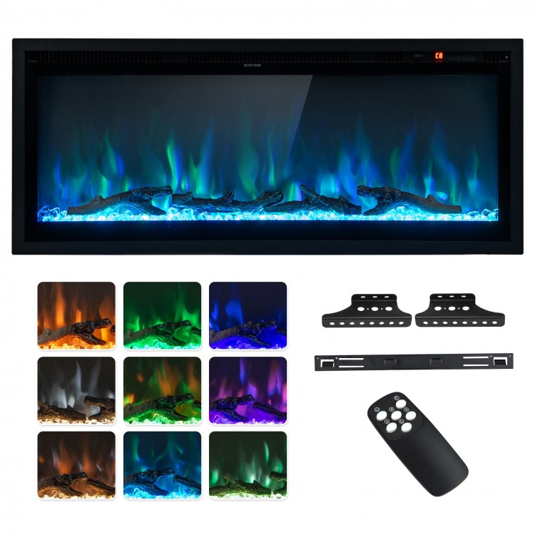 Electric fireplace in-wall recessed design, 42 inches, with remote control, adjustable flame colors, and brightness.