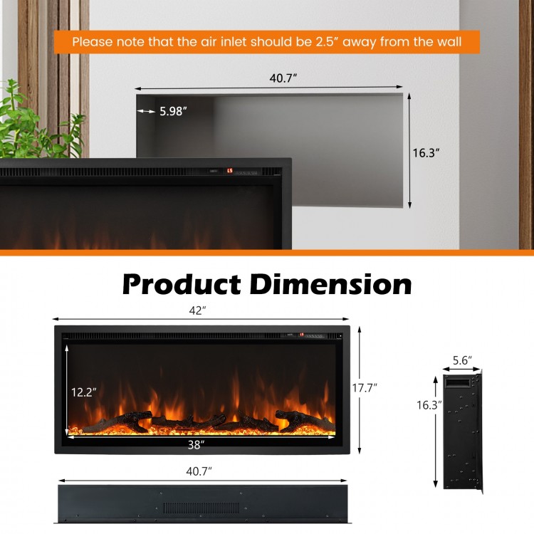 Electric fireplace dimensions with remote control, showcasing 42-inch size and installation options for versatile use.