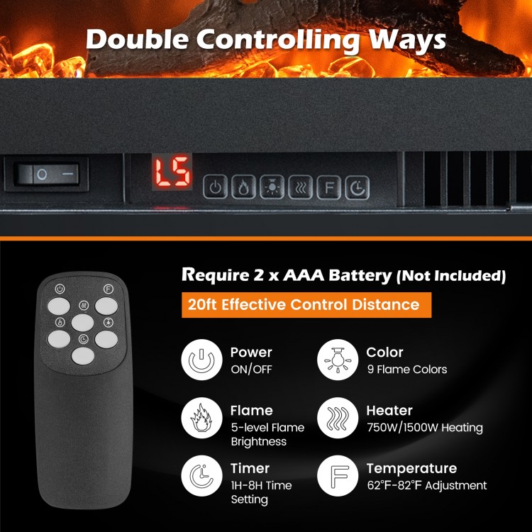 Remote control for the 42-inch electric fireplace, featuring adjustable flame colors and brightness for customized.