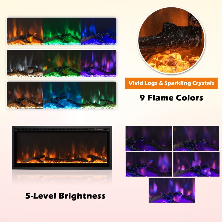 Electric fireplace with adjustable color and brightness, featuring 9 flame colors and remote control for versatile.