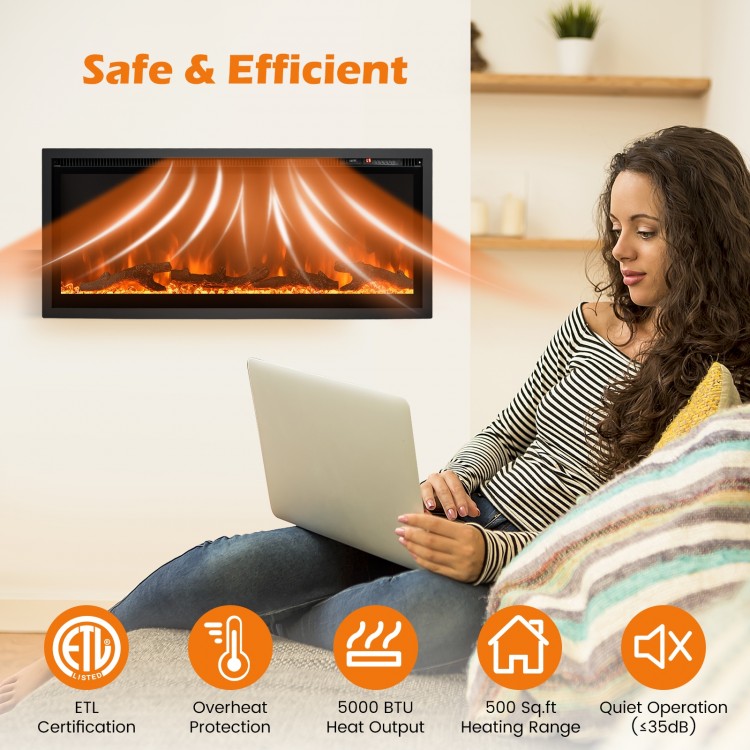 Electric fireplace with remote control, 5000 BTU heat output, adjustable flame colors, perfect for cozy indoor spaces.