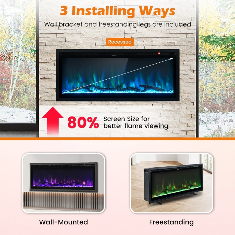 Electric fireplace with adjustable color and brightness, 42 inches, wall-mounted or freestanding for versatile.