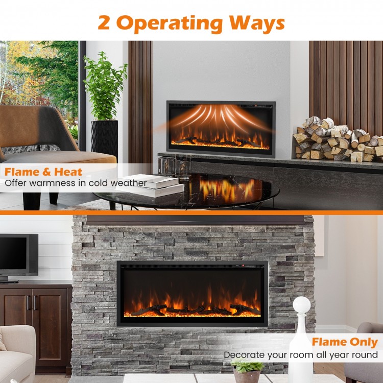 Electric fireplace in-wall recessed design with adjustable flame colors and brightness, perfect for year-round.