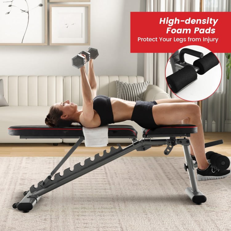 Strength training bench with adjustable back and seat, featuring high-density foam pads for comfort and stability.