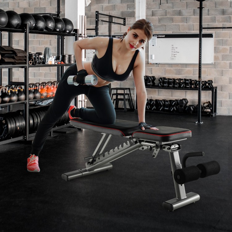 Strength training bench with adjustable back and seat, featuring soft cushions and sturdy metal frame for full body.