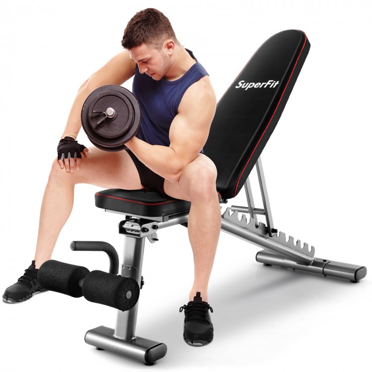 Strength training bench in black with adjustable back and seat, designed for full body workouts and comfort.