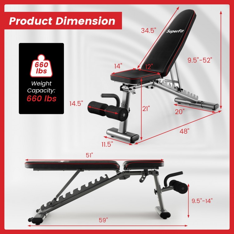 Strength training bench with adjustable back and seat positions, sturdy metal frame, and soft cushions for full body.