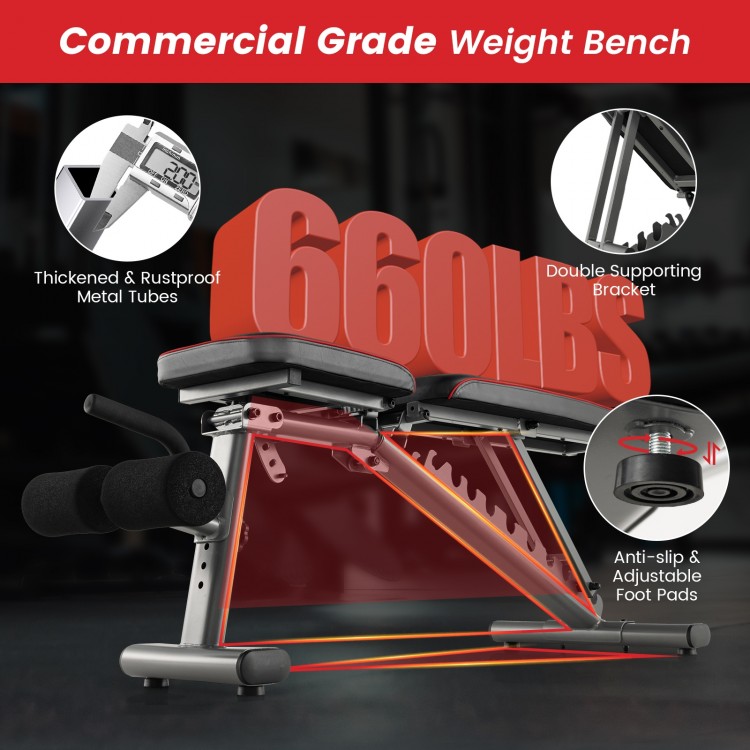 Strength training bench with adjustable back and seat positions, sturdy metal frame, and anti-slip foot pads for.