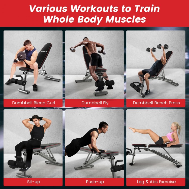 Strength training bench in black with adjustable back and seat positions for diverse full body workouts.