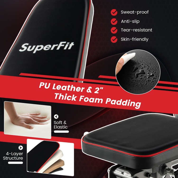 Close-up of the PU leather surface and 2" thick foam padding on the 660 LBS strength training bench for comfort.