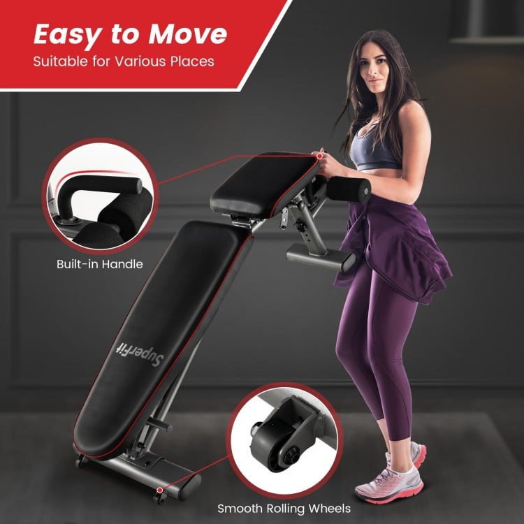 Strength training bench with built-in handle and wheels, featuring 10 back and 3 seat positions for versatile workouts.