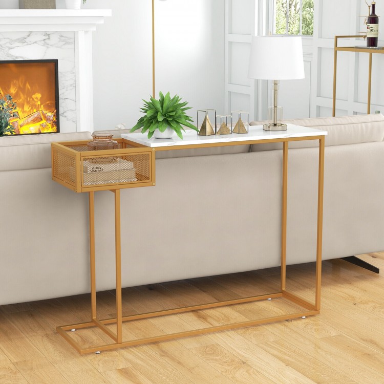 Rectangular white faux marble console table with gold metal frame and storage basket, perfect for entryway or living.