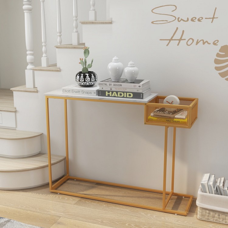 Rectangular white faux marble console table with gold metal frame and storage basket, perfect for entryway organization.
