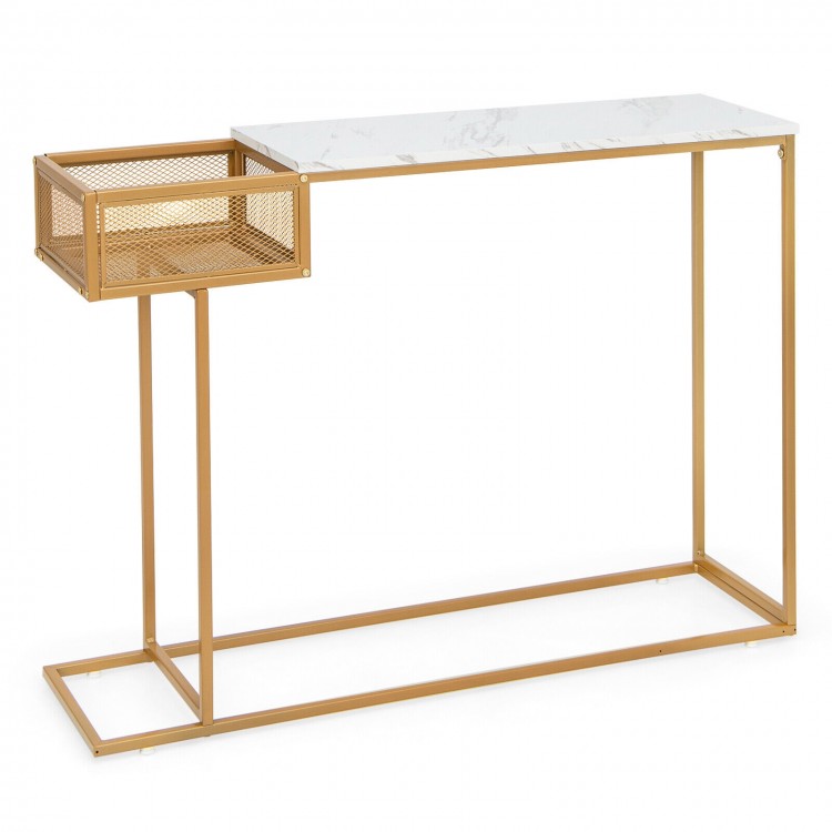 Rectangular white faux marble console table featuring a gold metal frame and mesh basket, great for stylish.